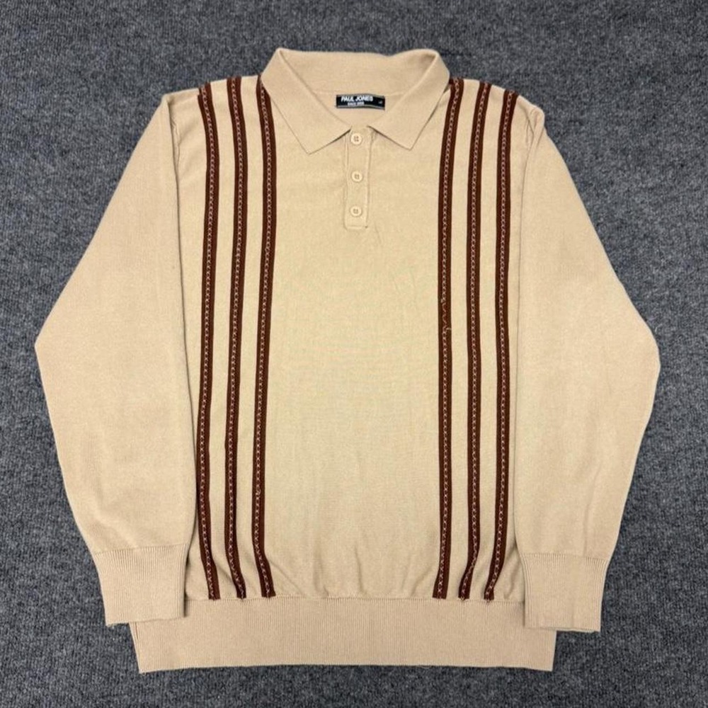 Paul Jones Button-Up Knit Cardigan Sweater Sz Large Beige Brown Vtg